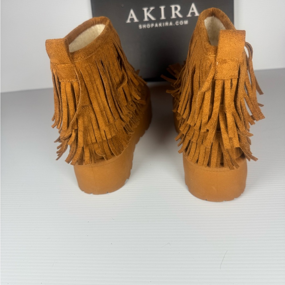 AKIRA Brown Fringe Platform Boots Sz 6,7,8,9 Boho Western Fest Suede Boot - Picture 3 of 6